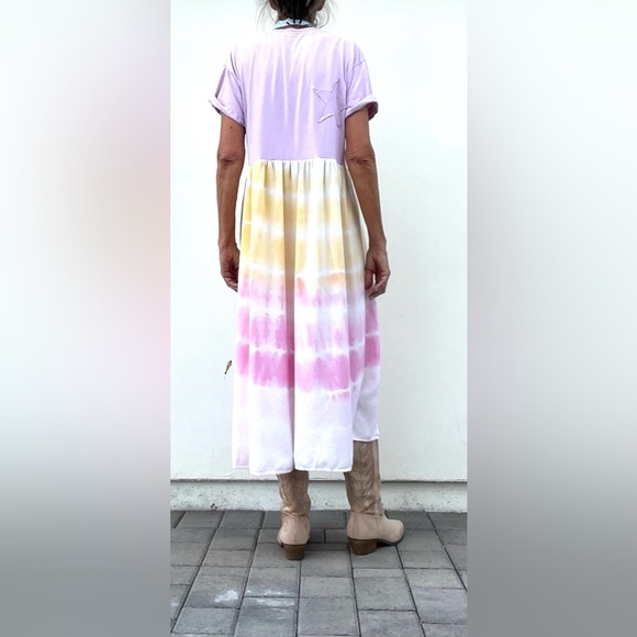 Colorful t shirt Tie-Dye Maxi Dress with off center split, festival dress sz L - Picture 2 of 10